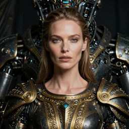 portrait of christine turlington as warrior of dark futuristic robotic world, by jan van eyck, h r giger, mysticism, intricate, highly ornate gold trim