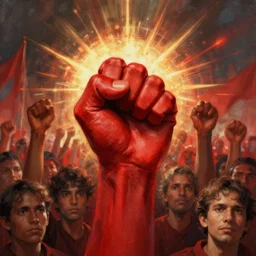 universal conciousness as a singular entity, rising up to dethrone the old guard of the establishment. a million people marching together, A closed red fist, Red faction, rendered in Iray