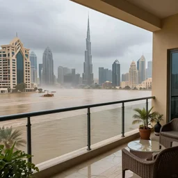 dubai completely flooded, aftermath of a tsunami, perspective from a balcony, 4k, photorealistic, octane