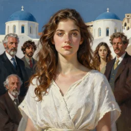 beautiful painting of a beautiful woman with white linen with greece in the background by yoji shinkawa frank frazetta, charlie bowater, magali villeneuve, j. c. leyendecker, unreal engine, octane render, ultra realistic,