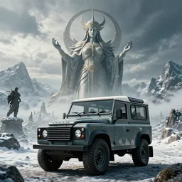 Land Rover Defender 110 (1985), an epic fantasy, dramatic lighting, cinematic, establishing shot, extremely high detail, photorealistic, cinematic lighting, artstation, by simon stalenhag, The Elder Scrolls V: Skyrim, Nice view of the Shrine of Azura, giant statue of Azura, snow, mountains
