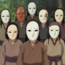 a group of villagers wearing eerie weird masks, anime film still from the an anime directed by katsuhiro otomo with art direction by salvador dali, wide lens