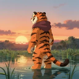 anthro tiger bandit standing in swamp water gazing at the sunset, fantasy, studio ghibli, dungeons & dragons, wide shot, dramatic lighting, dynamic, ultra realistic, ultra detailed, colorful, 8 k, thin line work, trending on artstation