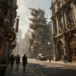 steampunk London street, award winning concept art, hyper detailed, 8k resolution, trending on artstation
