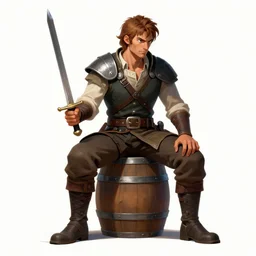 a man sitting on a barrel holding a sword, a character portrait by marc simonetti, cgsociety, antipodeans, official art, concept art, 2 d game art, a character portrait by senior character artist, polycount, vanitas, sketchfab, speedpainting, zbrush