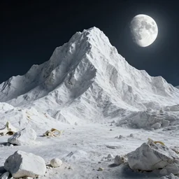 octane render uhd, filmic lighting, cinematic art shot, hyperrealistic, hyperdetailed, super detailed, 8 k, high resolution, moon landscape, white rocks made of bone, 8 k uhd matte painting, mega high white mountain, midnight