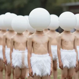 realistic documentary photo of a a group of students wearing white fluffy feather shorts, spherical heads, standing in a science laboratory 1 9 9 0, life magazine reportage photo, neutral colors, neutral lighting
