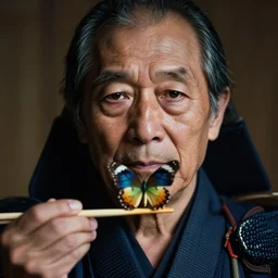 portrait of an old samurai showing a butterfly trapped between his chopsticks to the camera very closely, winning photo, extremely detailed, dim light