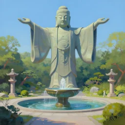 strange weird pagan japanese garden with a gigantic statue fountain of an ancient god stretching its arms above the garden, digital art, oil painting, colorful, artstation, australian tonalism, minimalist, very clear, no blur, serene