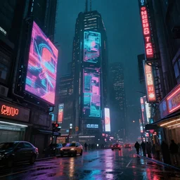 sci-fi cyberpunk city street, billboards, neon holograms, neon signs, rainy night, dramatic lighting, cinematic, establishing shot, extremely high detail, photo realistic