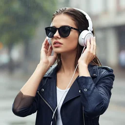 beautiful girl with sunglasses listening music in the rain