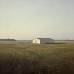 A serene landscape with a singular building in the style of Chelsey Bonestell.