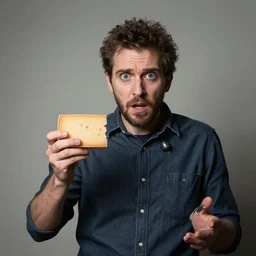 photo of a very suspicious man holding cheese