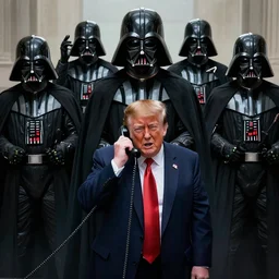 a bunch of darth vaders swarm donald trump while he is calling someone on the phone