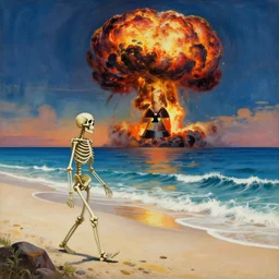 a skeleton walking on a beach next to the ocean, nuclear bomb explosion in the background, a surrealist painting by Storm Thorgerson, featured on cg society, nuclear art, surrealist, apocalypse landscape, chillwave