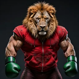 high detail cinematic photograph portrait , epic pose mutant powerlifter muscular oversized lion with big eyes is wearing dirty red hoodie and green boxing gloves, very dramatic dark studio backlight