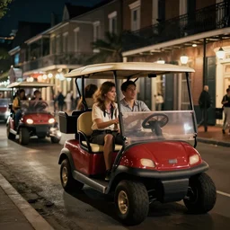 golf carts driving down bourbon street in new orleans at night. cinematic lighting