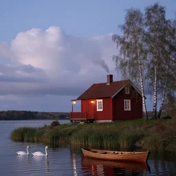small red wooden cottage on top of the hill, lanterns on the porch, smoke coming out of the chimney, dusk, birch trees, tranquility, two swans swimming on the lake, a wooden rowing boat, cumulus clouds, by charlie bowater, by greg rutkowski