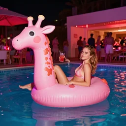 a photo of a emma watson, holding a drink, laying on top of a big cute pastel pink giraffe float, having fun in a popular pool party in a modern indoors pool at night. visually stimulating photo. coherent. 8 k. sensual. red and purple lights.