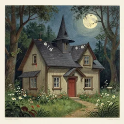 a witch's cottage, 1 9 7 0 s, seventies, delicate embellishments, a little blood, woodland, moonlight shining on wildflowers, painterly, offset printing technique, by alexandre cabanel
