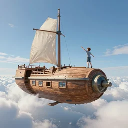 a boy being thrown off of a large wooden fantasy sky - ship flying through the clouds with blue sky, andreas rocha style
