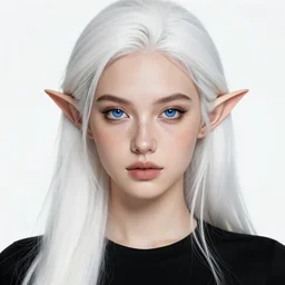 a beautiful portrait, white background, avril lavinge as a gorgeous fantasy elf. black top, professionally retouched, soft lighting, freckles, realistic, smooth face, detailed gorgeous blue eyes, long white hair, cute ears, wide angle, sharp focus on the eyes, 8 k high definition, insanely detailed, intricate, elegant, sexy, beautiful, art by artgerm and wlop