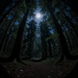 dark forest at night, moonlight, godrays, ambeint environment, 4k photograph, fish-eye lens