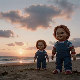sunset clouds with an ocean in the background and giant screaming chucky dolls on beach. by greg rutkowski cinematic film ektar 1 6 0