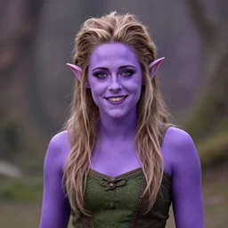 Purple skinned Kristen Stewart as a smiling Elf wizard smooth purple skin!, + purple skin Photorealistic digital art trending on artstation, artgem, 4k HD.