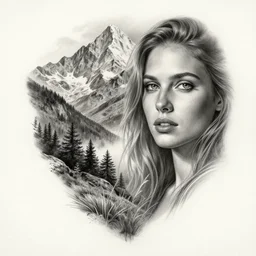 tattoo design sketch of a beautiful mountain scenery with a faded beautiful woman face, hyper - realistic, in the style of matteo pasqualin, amazing detail, black and white, faded