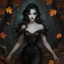 gorgeous female stella maeve magician, realistic character concept, medium shot, elegant pose, spooky, illustration, symmetrical face and body, cinematic lighting, detailed realistic symmetrical eyes, 8 k, joshua middleton, artgerm, akihiko yoshida, tom bagshaw, single face, insanely detailed and intricate elegant, autumn leaves
