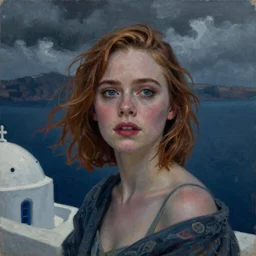 Elle Fanning in Santorini in the world of Adam Wyeth, head and shoulders, stormy weather, extremely detailed masterpiece, oil on canvas, low-key neon lighting, artstation, Blade Runner 2049, Roger Deakin’s cinematography, by J. C. Leyendecker and Peter Paul Rubens and Edward Hopper and Michael Sowa,