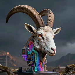baphomet goat head merged with mainframe circuitry, multicolored digital art