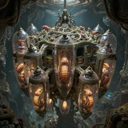 agartha style underground hive world of advanced insect creatures larvae hatching from stasis pods, octane render, unreal engine