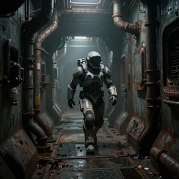 horror movie scene of an individual in futuristic space armor being chased down a hallway, walking through a deep space mining space station, rusty metal walls, broken pipes come out of the walls, puddles of water on the floor, side angle, dark colors, muted colors, tense atmosphere, mist floats in the air, amazing value control, dead space, moody colors, dramatic lighting, ussg ishimura, frank frazetta