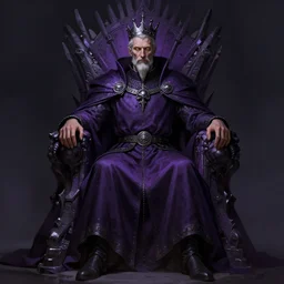 a full length portrait of an old medieval king on the cyberpunk throne, yellow eyes, dark purple color scheme, grim - lighting, high - contrast, intricate, elegant, highly detailed, digital painting, artstation, concept art, smooth, sharp focus, illustration