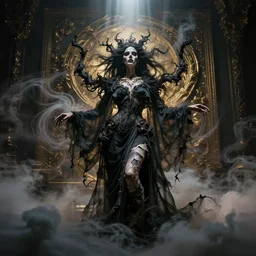 photoshoot of fka twigs as mysterious dark goddess of death, realism, clouds, swirling energy, torn fabric, elaborate ornate growth, gilded relief, volumetric lighting, light shafts, ambient light, trending on artstation, by alessio albi
