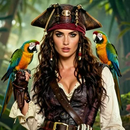 megan fox as a sexy pirate with a parrot, movie poster, amazing detail, 8k resolution