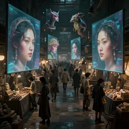 a cyberpunk dark marketplace with heavy asian stylistic influences. the market place is where people come to buy and sell their dreams, they are doing this through machines that stick their faces in with large holographic projections of the creatures they dream of floating around the people. people are reveling in the delight of experience the highly surreal dreams of others. concept art, artstation, cinematic lighting, highly detailed, 8 k, sharp render, caravaggio painting