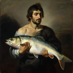man holding a large fish, oil on canvas, art by caravaggio