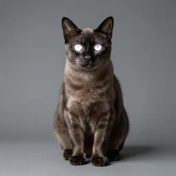 an esoteric cat with blank white eyes starring at you sitting isolated, studio lighting