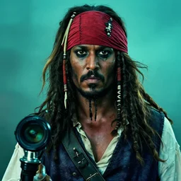 portrait photo a black albino pirate Man with red headband, 70mm sigma lens, cinematic lighting, movie still, HD, teal color graded