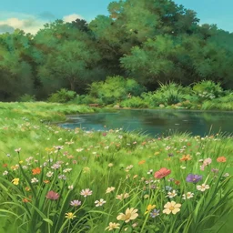 flowery meadow with a pond and background forest, evening, highly detailed, low angle view, studio ghibli, artstation