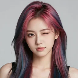 portrait of a cool girl winking with multicolored hair, a 7 8 4 3 hairstyle, wearing a tanktop, highly detailed, stylized, full body shot, portrait, concept art, vector line art, natural lighting, illustration, artstation