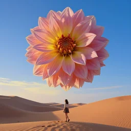 closeup giant dahlia flower floating head, a girl walking between dunes, surreal photography, sunrise, blue sky, dramatic light, impressionist painting, digital painting, artstation, simon stalenhag