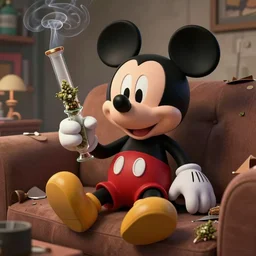 mickey mouse holding a glass bong for smoking weed and sitting on a couch in a messed up apartment, amazing digital art, highly detailed