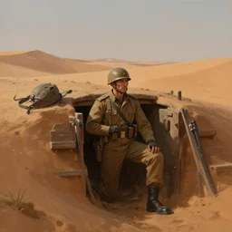 beautiful digital painting of a soldier in a trench waiting for the war to end, in the sahara desert. cinematic lighting, atmospheric, concept art by artgerm and greg rutkowski,,