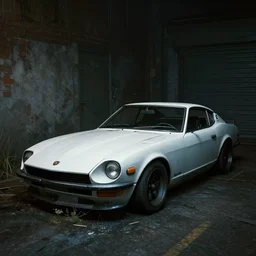 decaying white 350z roadster abandoned in alley night time decrepit shot from cyberpunk 2077 soft lighting dark shadows beautiful 65mm camera Ryan Church