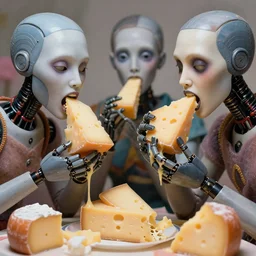 incredible strange absurd closeup artwork of androids tasting cheese, finding it very weird but yet tasteful at the same time, weird tasting ritual of cheese products in the style of tim walker fashion photography, also some soft cheese