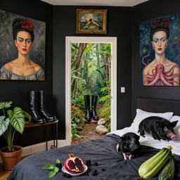 queer artist's bedroom with black walls and paintings, emo artist eating blackberries, plants, a liminal doorway to nature, zen, black boots, pomegranate, a black pig, courgette, octopus, sensual surrealism, by monet and and kahlo and magritte
